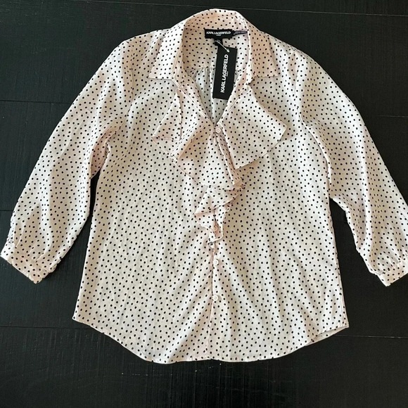 Karl Lagerfeld Pink Black Polka Dot Ruffle Sleeve Blouse - Picture 1 of 7